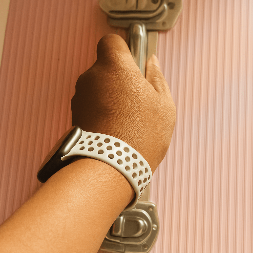 A close-up of a hand holding the handle of a pink suitcase, softly lit with warm golden tones, symbolizing courage and the beginning of a healing journey after loss.