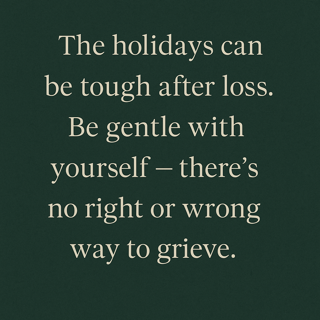 Inspirational holiday quote card with the words “Grief and joy can share the same season. Be gentle with yourself this holiday.” set against a softly glowing background with festive holiday lights.
