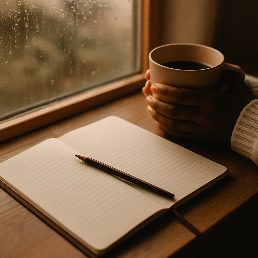 A softly lit morning scene featuring an open journal and pen on a cozy beige surface, with a warm cup of tea and a small plant nearby. The natural light and calm colors create a sense of peace and reflection, symbolizing gentle self-care and mindfulness during moments of grief.
