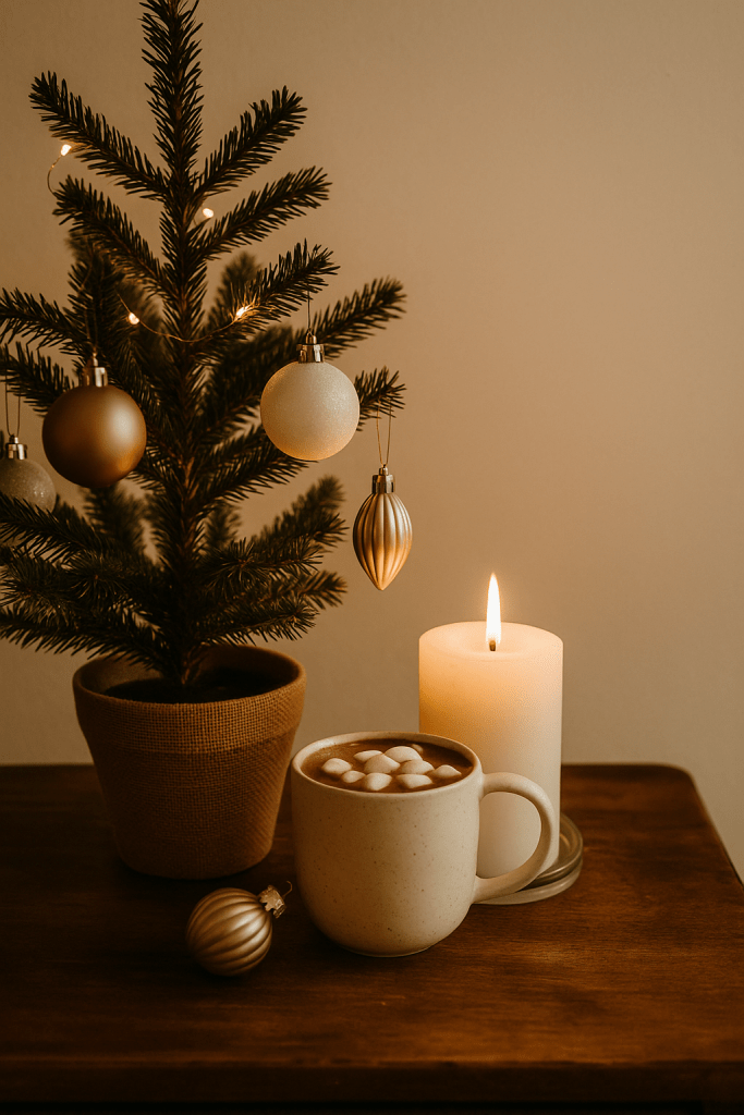 A cozy holiday scene showing a small tabletop Christmas tree with soft lights, a glowing candle, and a warm cup of tea on a wooden table, symbolizing comfort and creating new traditions after loss.