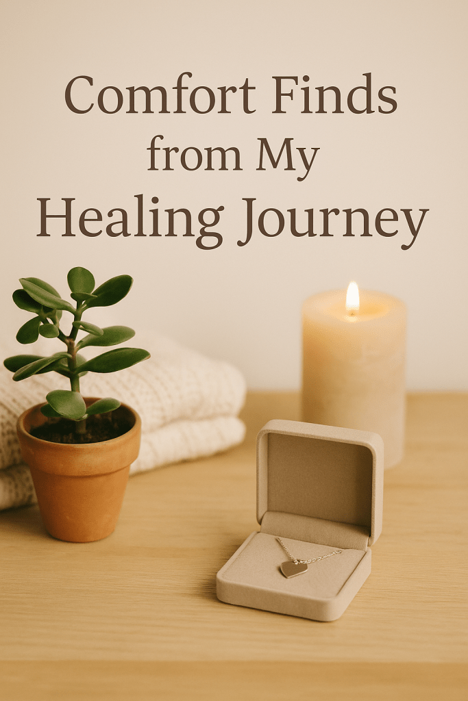 A warm, comforting scene featuring a small citrus plant, a candle, and a delicate necklace on a cozy beige table — representing healing and comfort after loss.