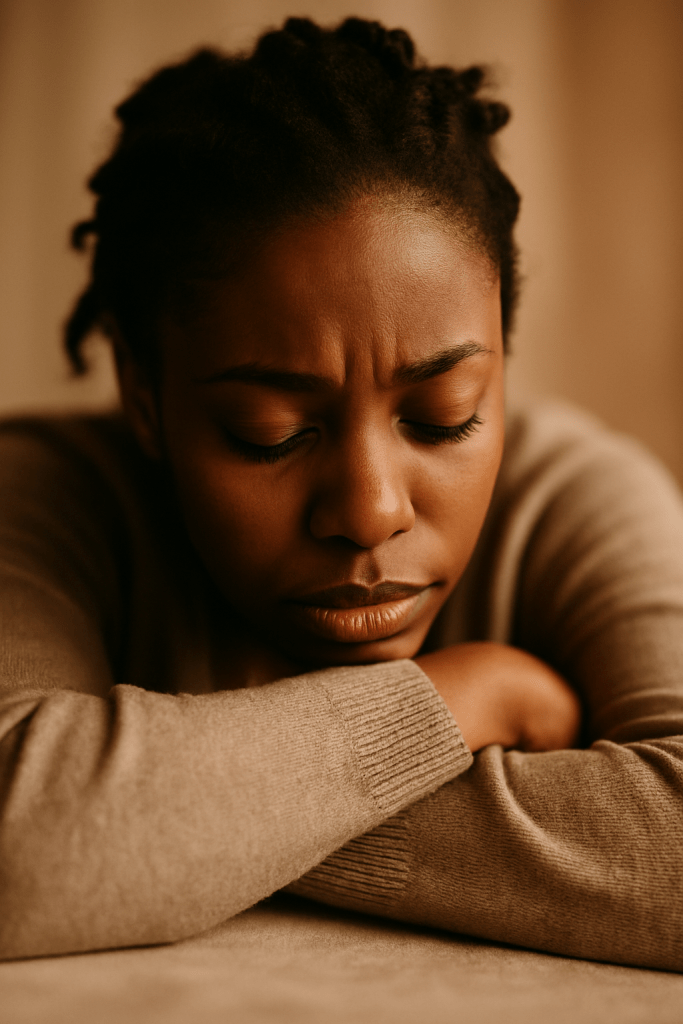 An African American woman sits quietly with her eyes closed, resting her head in one hand while holding a cup in the other. A candle glows softly beside her, symbolizing the exhaustion and tenderness that often accompany grief.