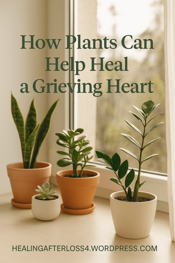 A cozy windowsill filled with green plants in soft morning light, symbolizing growth, comfort, and the healing power of caring for living things after loss.