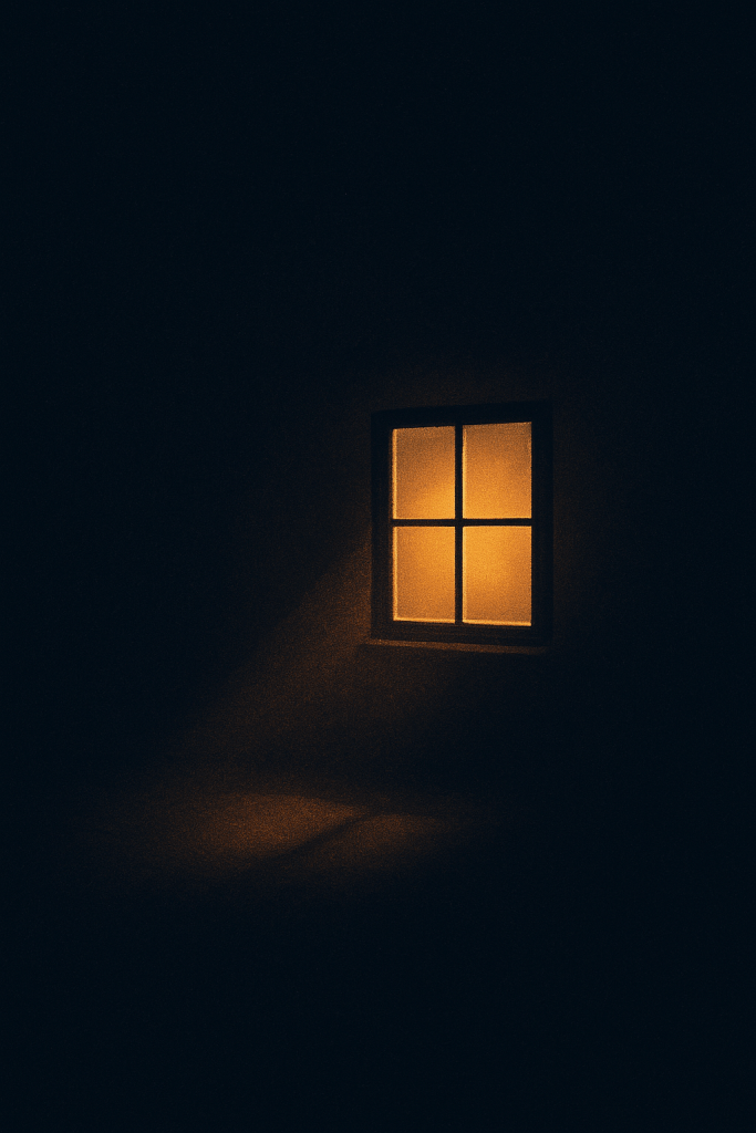 A softly glowing window in the dark symbolizing loneliness and late-night reflection