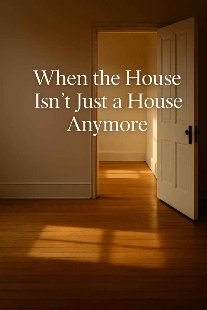 Warm sunlight shining through an open doorway into an empty room, symbolizing the emotional process of letting go of a shared home after loss.
