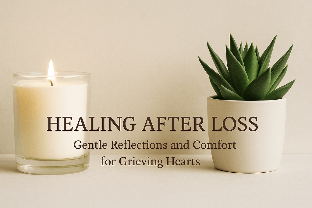 A softly lit candle beside a small green plant with the words “Healing After Loss — Gentle Reflections and Comfort for Grieving Hearts.”