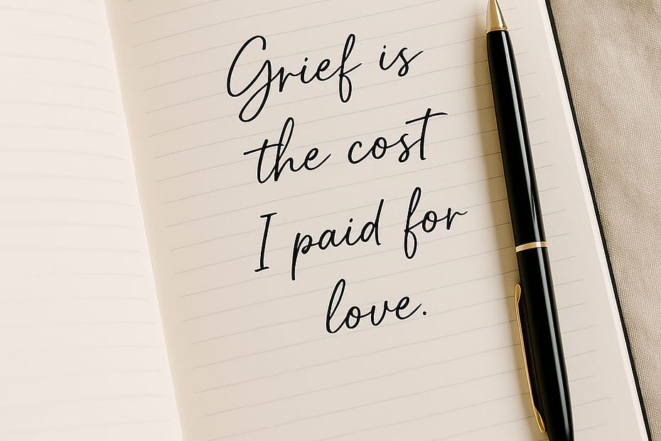 Open journal with a handwritten quote that reads: ‘Grief is the cost I paid for love,’ with a black and gold pen resting on the page. Calming, reflective grief support image.