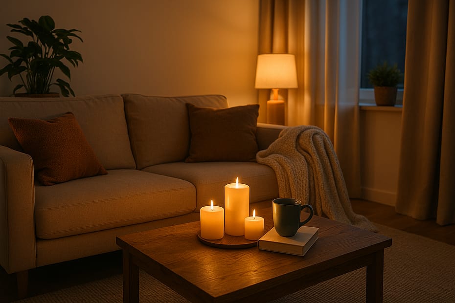 A cozy living room with warm lighting, soft blankets, candles, and plants creating a comforting space.