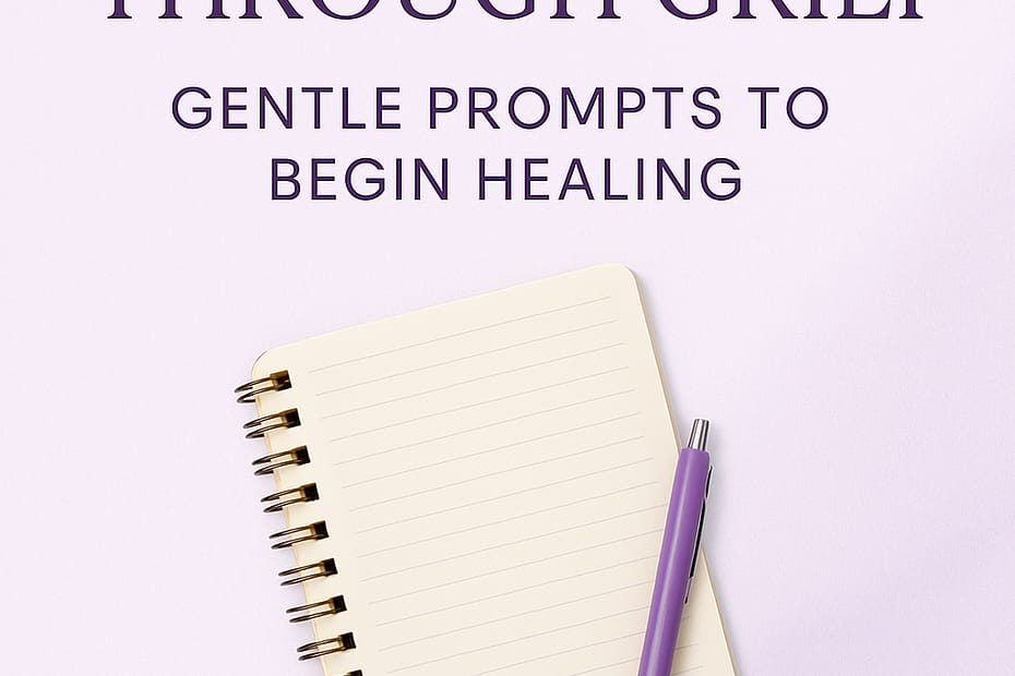 An open notebook with a pen, a warm cup of tea, and a lit candle on a cozy table, symbolizing comfort and reflection in grief journaling.