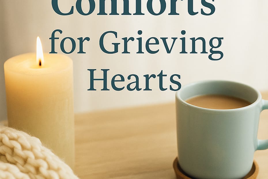 A warm and soothing scene with a cup of tea, a folded blanket, and a softly glowing candle, symbolizing comfort and peace during grief.