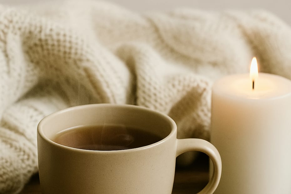 A warm cup of tea beside a softly glowing candle on a table with a folded blanket, creating a calm and peaceful atmosphere