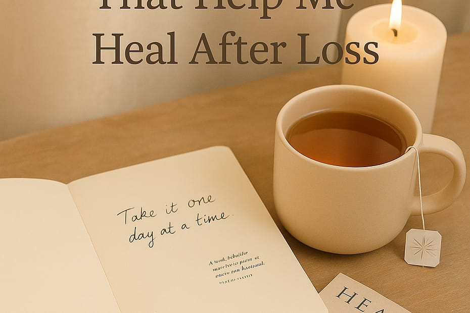 A cozy morning scene with sunlight streaming through a window, a softly glowing candle, an open journal, and a warm cup of tea — symbolizing comfort, mindfulness, and gentle healing after loss.
