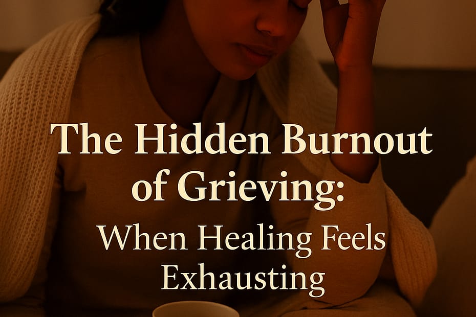 An African American woman sits quietly with her eyes closed, resting her head in one hand while holding a cup in the other. A candle glows softly beside her, symbolizing the exhaustion and tenderness that often accompany grief.