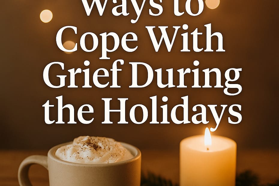 A softly lit holiday scene with glowing candles, evergreen sprigs, and warm golden light, symbolizing comfort and remembrance during the holiday season.