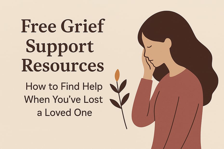 Illustration of a woman with long brown hair holding her face in grief beside the text “Free Grief Support Resources: How to Find Help When You’ve Lost a Loved One” on a soft beige background.