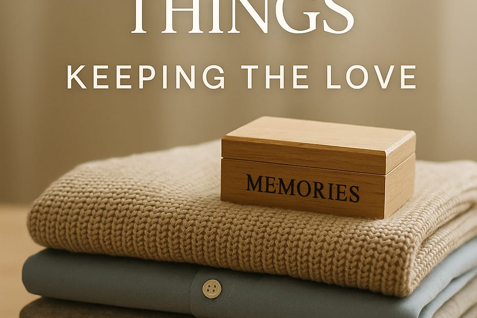 Soft, comforting image showing folded shirts and a keepsake box under warm light — symbolizing the process of letting go of a loved one’s belongings after loss.
