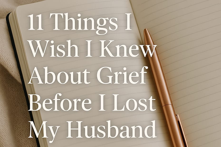 A journal and pen resting on a soft blanket in warm light, symbolizing personal reflection and lessons learned through grief.