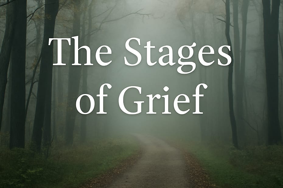 A forest pathway surrounded by tall trees, symbolizing the winding and uncertain journey through the stages of grief.