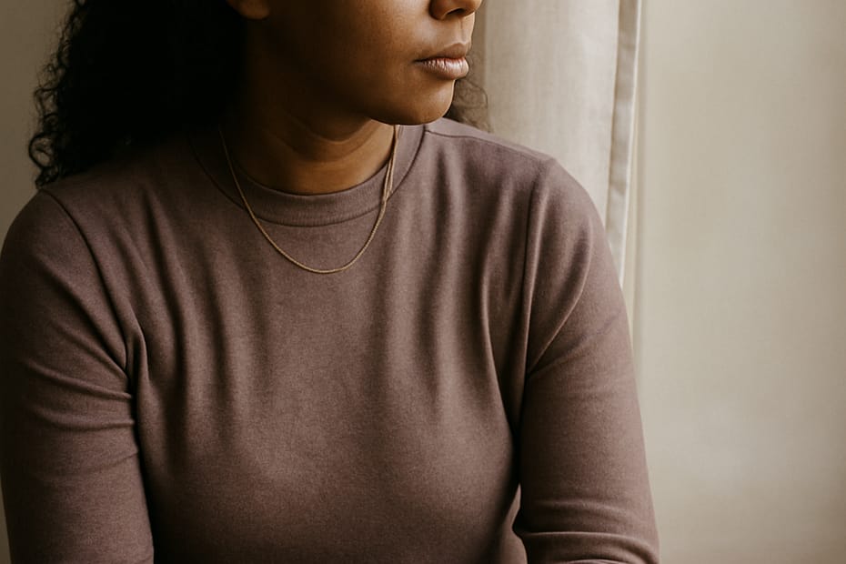 An African American woman sits quietly near a softly lit window, her expression calm yet thoughtful, symbolizing reflection and healing during complicated grief.