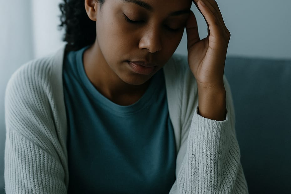 A calm African American woman sits by a softly lit window in blue-gray tones, reflecting quietly. The scene evokes peace, reflection, and gentle healing after loss.