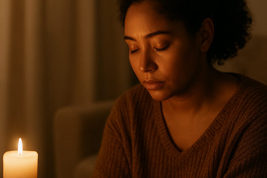 A young African American woman sits quietly in soft morning light, her expression thoughtful and calm as she reflects during a moment of healing.