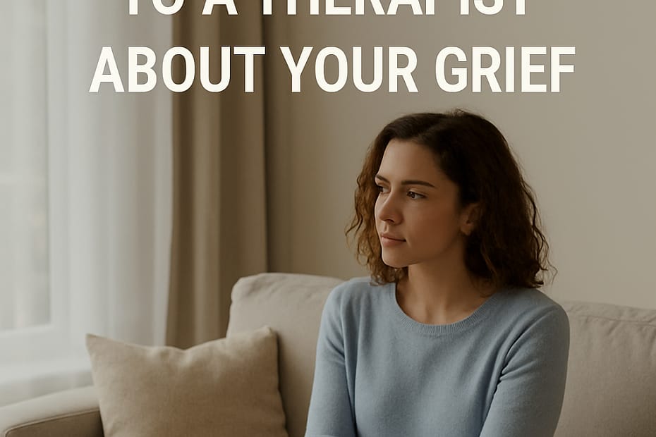 Woman sitting thoughtfully on a couch, symbolizing someone considering therapy for grief support.
