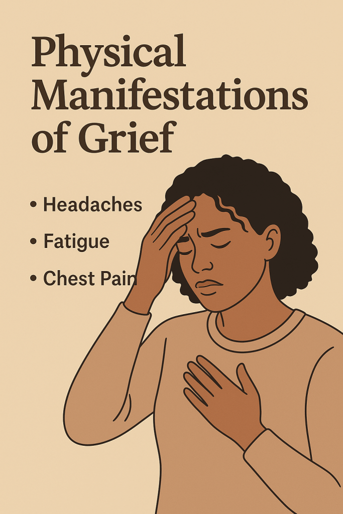 Infographic showing how grief affects the body — common physical symptoms like fatigue, chest tightness, and stomach pain.